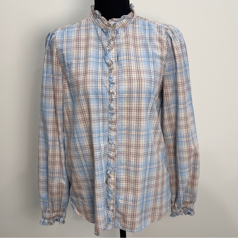 LOFT Womens Blue, Purple Brown & Cream Plaid Ruffle-Trim Blouse Size Small